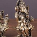 Brass Ganesha and Lakshmi Idol Pair Seated on Lotus - 4" Height